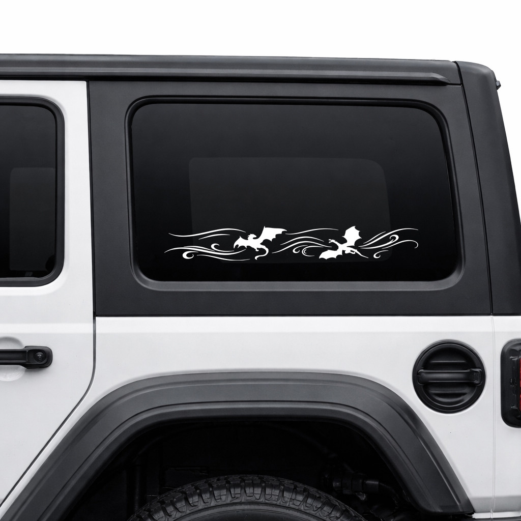 Dragon Battle vinyl decal featuring two flying winged dragons facing each other with sweeping wind accents for trucks, cars and SUVs