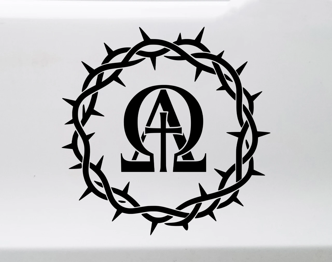 Alpha Omega Crown of Thorns vinyl decal with central Christian cross and biblical faith symbolism