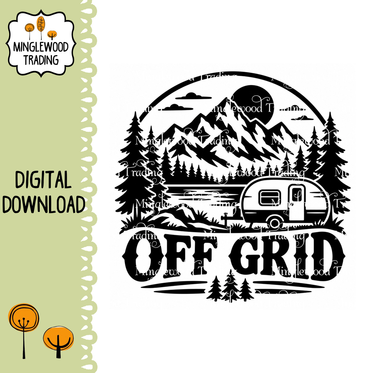 Off Grid SVG with camper mountains pine forest and lake for boondocking dry camping dispersed camping RV decals signs and wilderness crafts