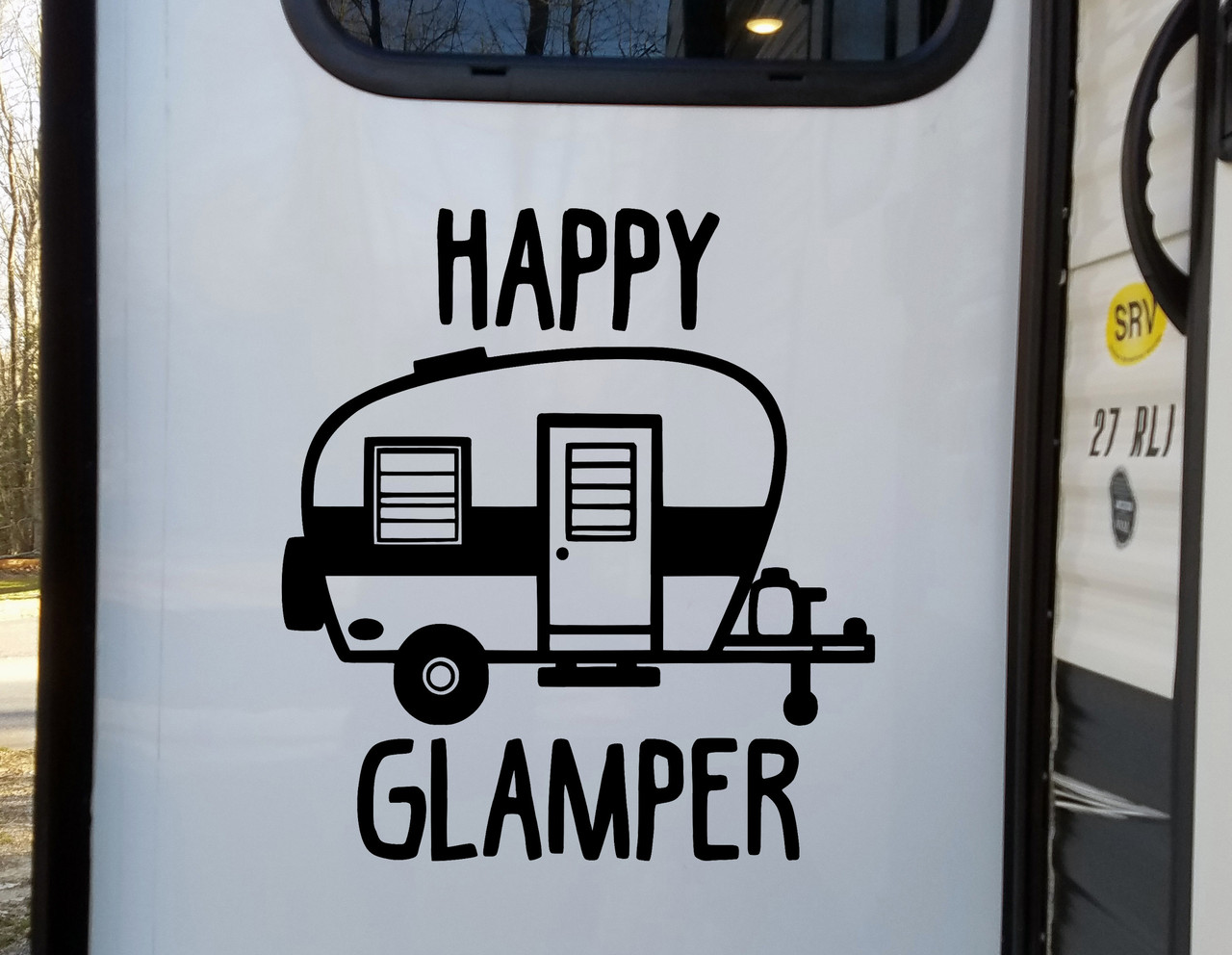 Happy Glamper vinyl decal with travel trailer for RV camper and glamping decor