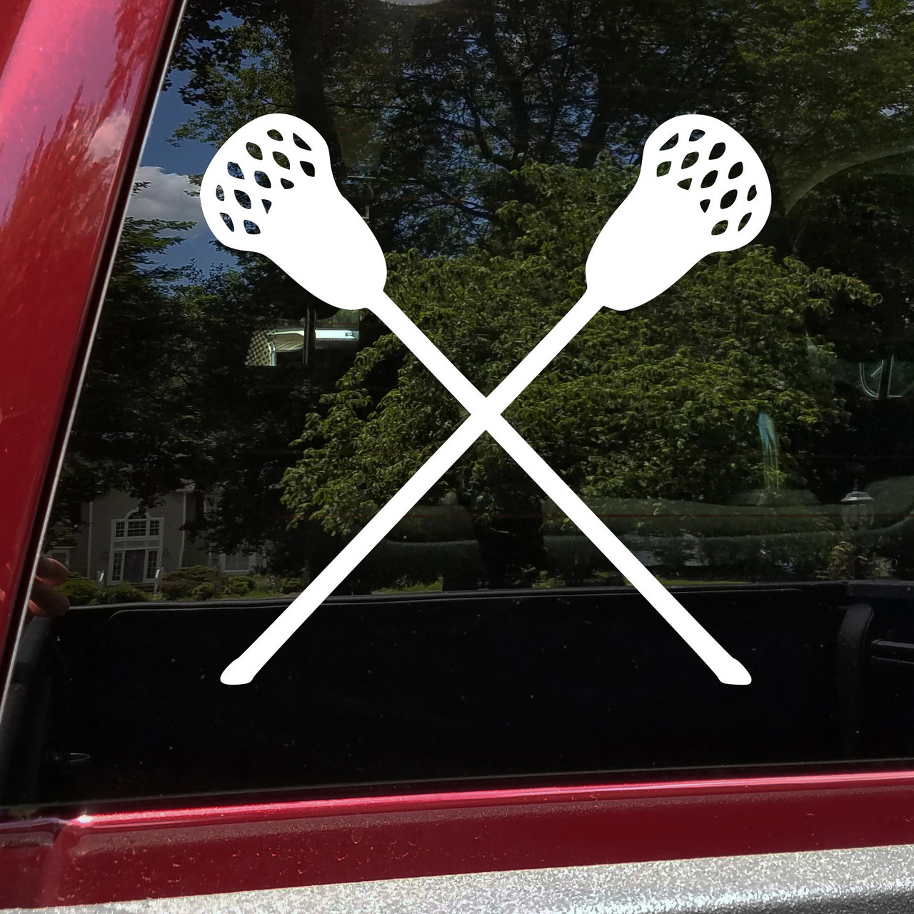 Crossed lacrosse sticks vinyl decal with two sports sticks and netted heads