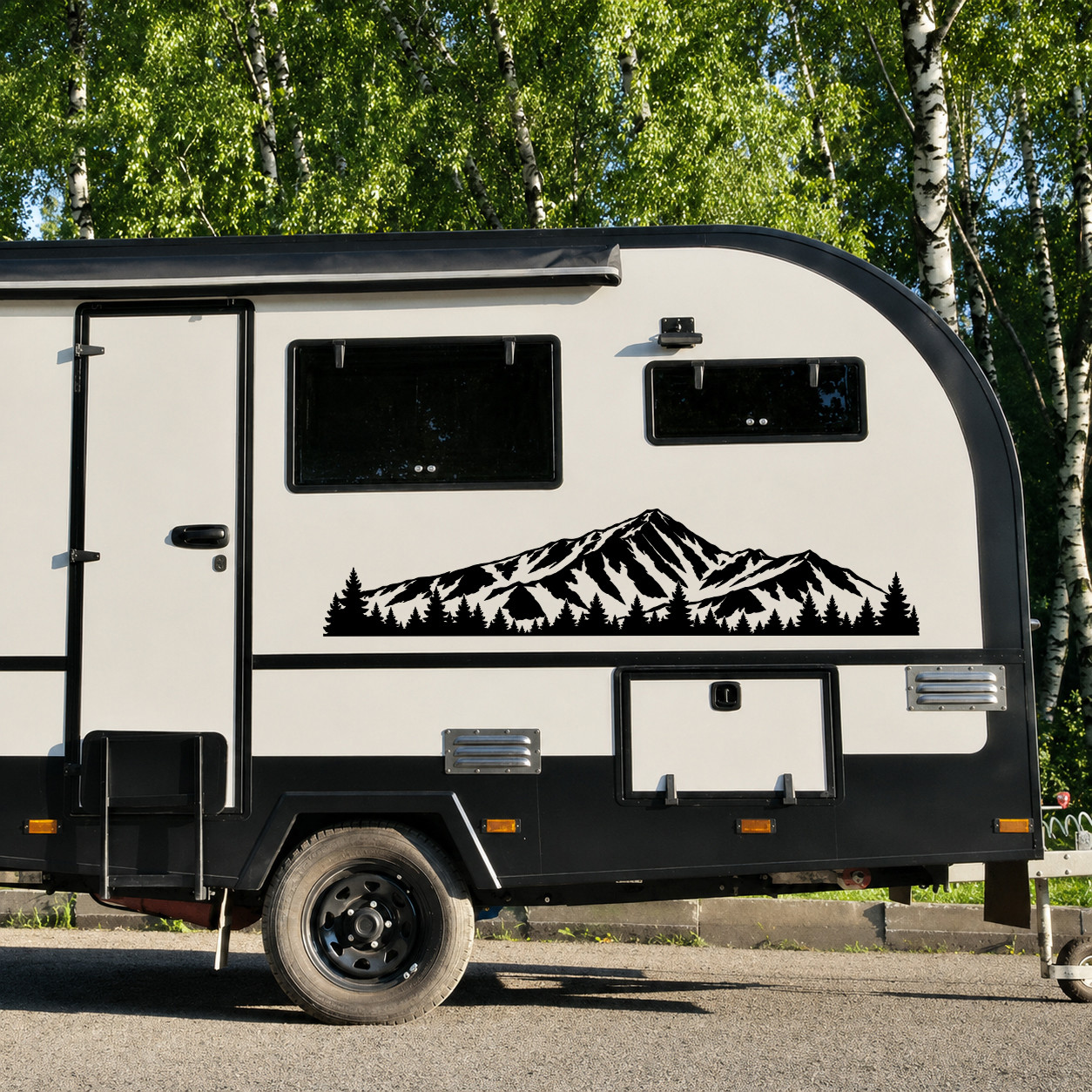 Mount Elbert Colorado Rocky Mountains panoramic vinyl decal with rugged mountain peaks and evergreen pine forest silhouette displayed on a travel trailer camper