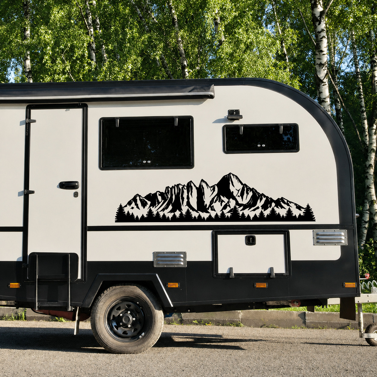 Mount Whitney California Sierra Nevada mountain landscape vinyl decal featuring rugged alpine peaks, rocky ridgelines and evergreen pine forest silhouettes for RV campers and travel trailers