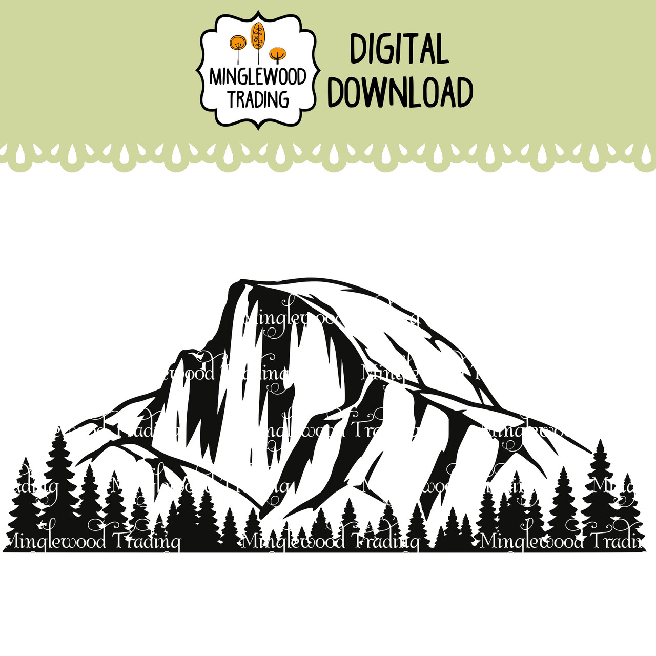 Half Dome Yosemite National Park mountain landscape SVG featuring the iconic granite dome, steep rock faces, textured slopes and evergreen trees in a wide horizontal design for vinyl cutting and laser engraving