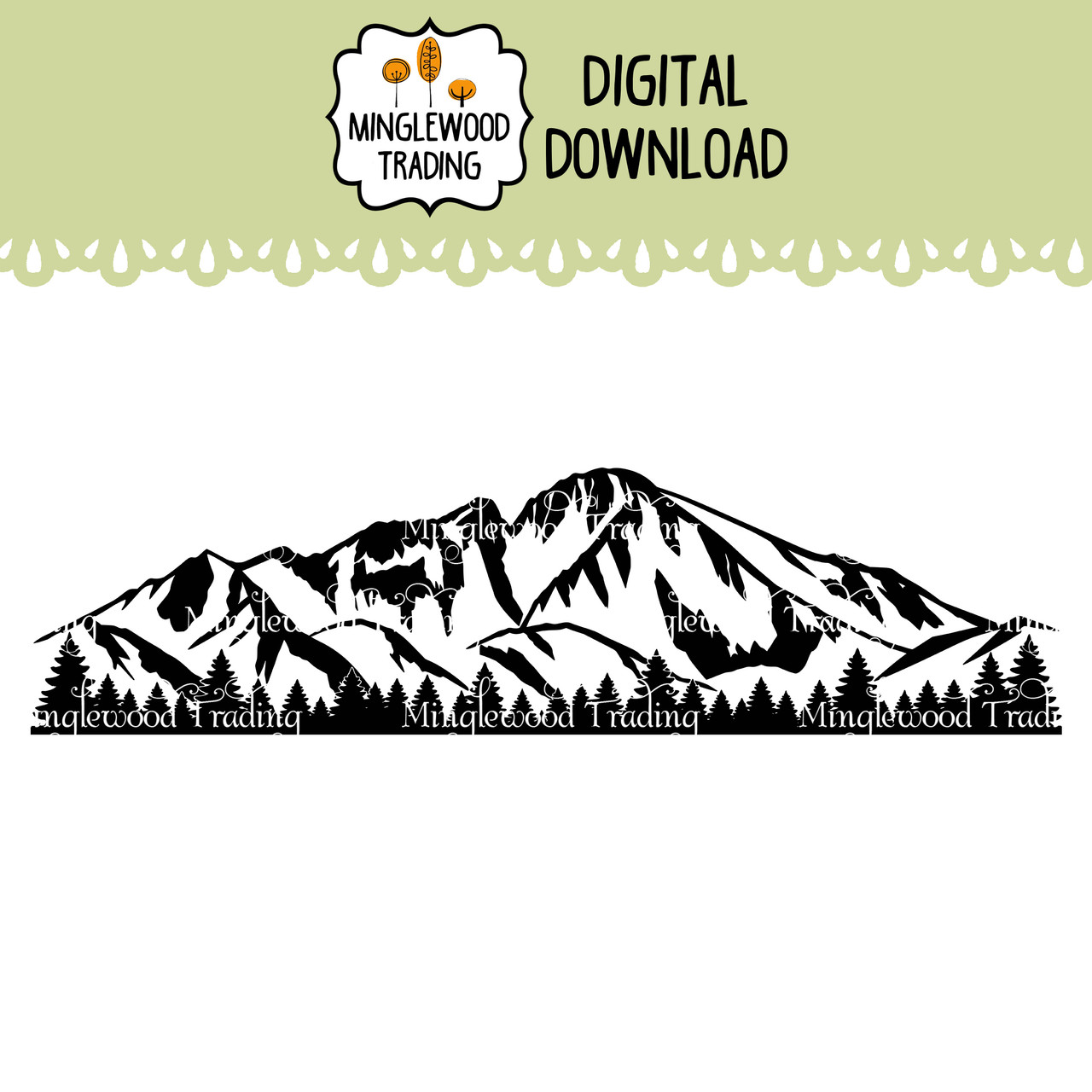 Longs Peak Colorado mountain landscape SVG featuring a prominent summit, rugged Rocky Mountain ridgelines, textured rocky slopes and evergreen trees in a wide horizontal design inspired by Rocky Mountain National Park