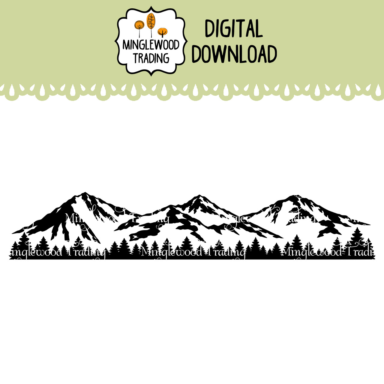 Three Sisters Oregon mountain landscape SVG featuring North Sister, Middle Sister and South Sister volcanic peaks, rugged Cascade Mountain ridgelines, textured slopes and evergreen trees in a wide horizontal design