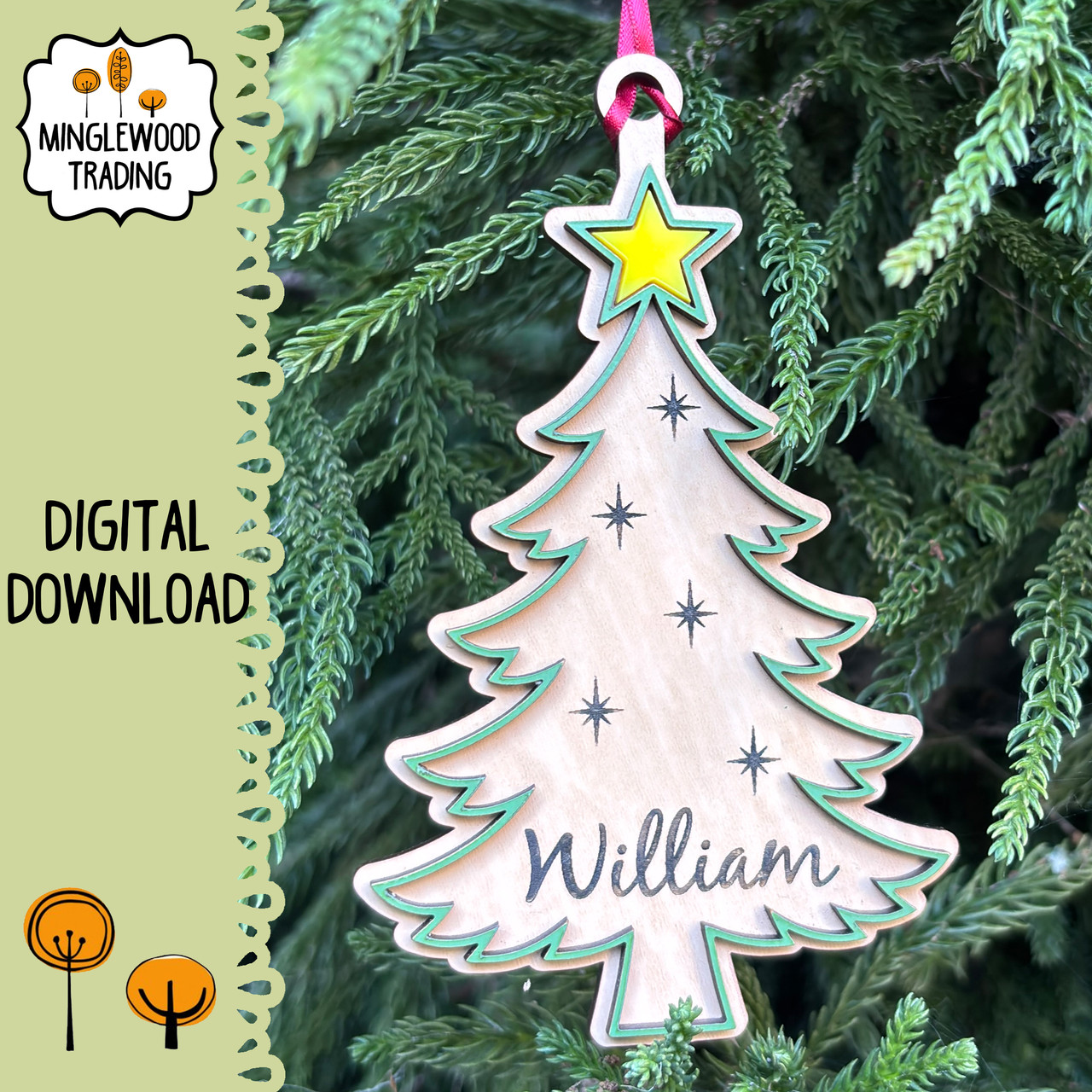 Personalized Christmas tree ornament SVG laser cut design with layered evergreen outline, star topper, decorative starburst accents, and custom name lettering on a wooden holiday ornament