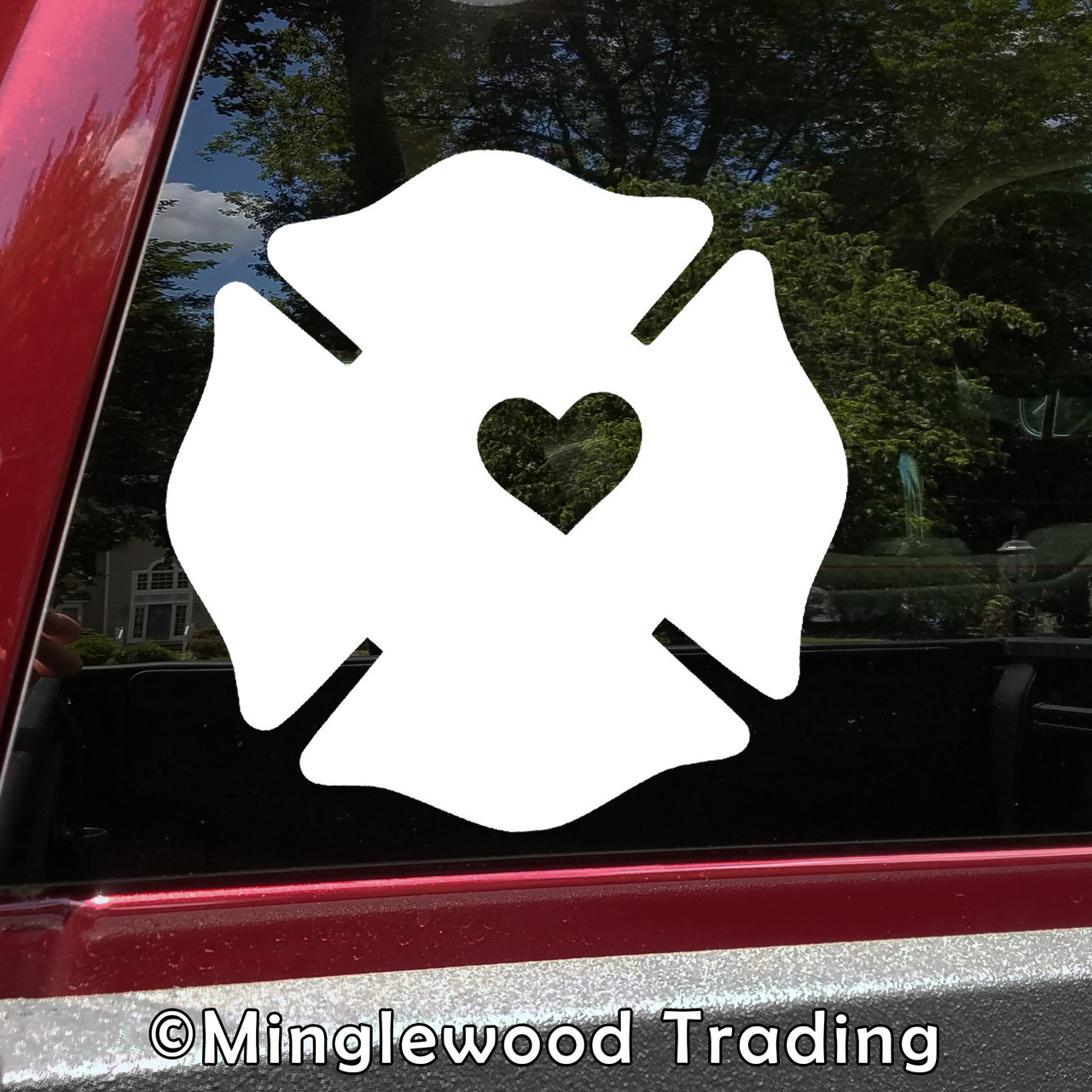 Firefighter cross heart vinyl decal with centered heart cutout for firefighters spouses families and fire rescue supporters