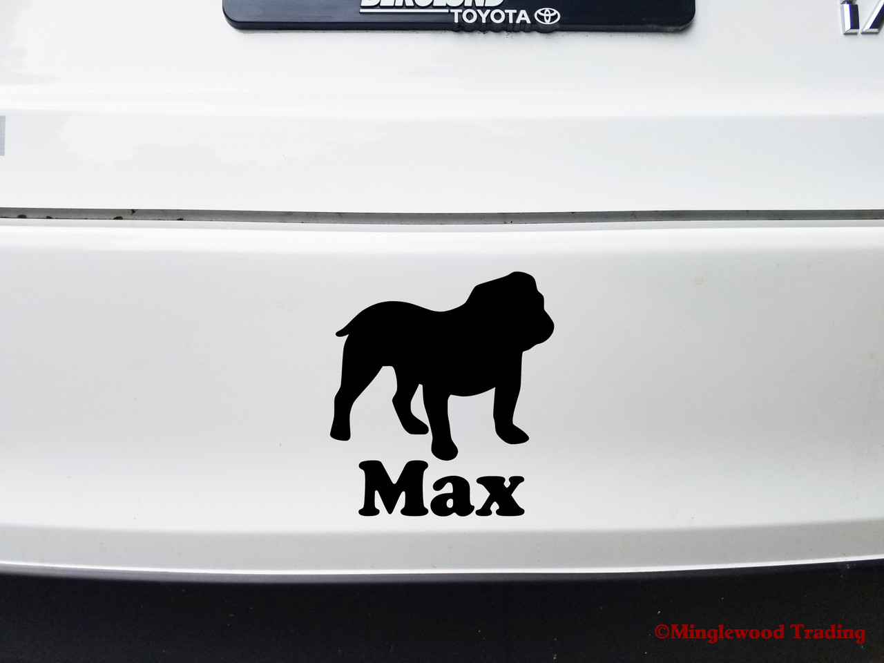 Personalized English Bulldog vinyl decal with custom dog name and mirror option