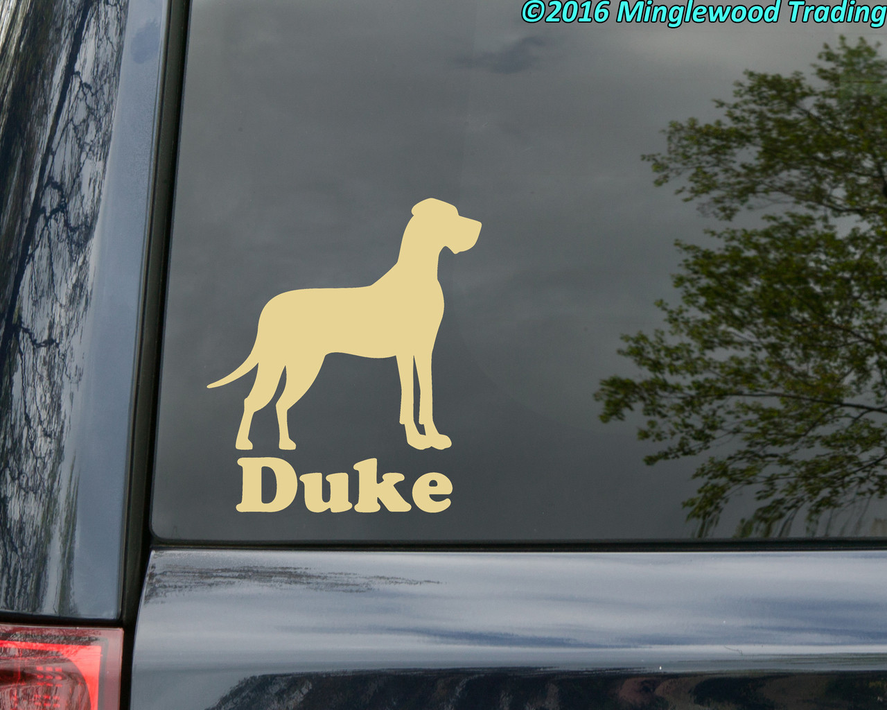 Personalized Great Dane dog silhouette vinyl decal with custom name and mirror option
