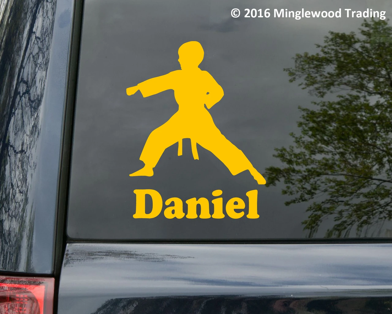 Personalized Karate Boy vinyl decal with custom name martial arts silhouette and mirror option