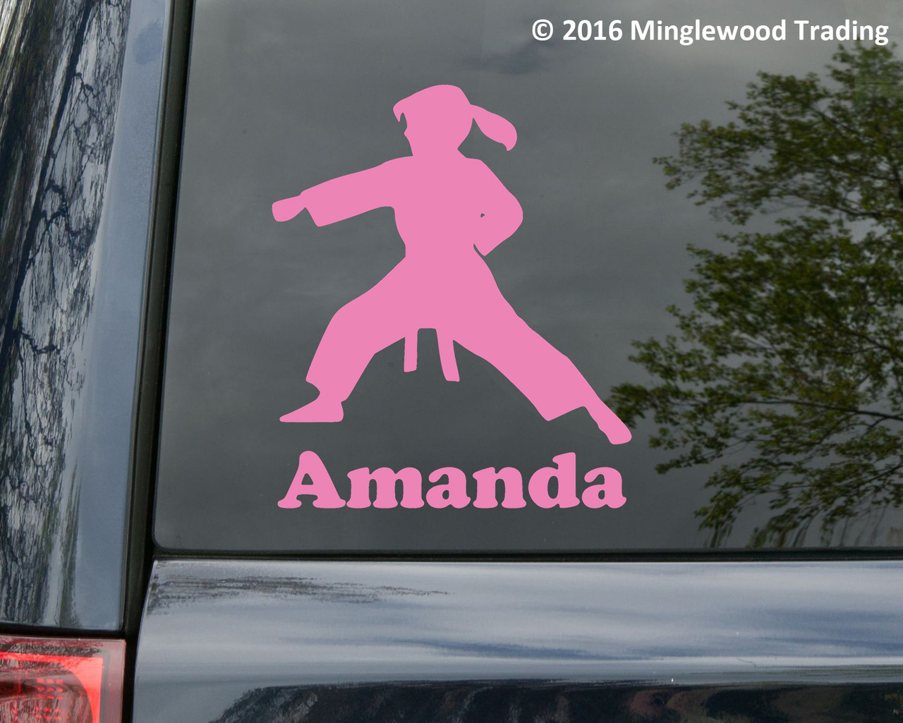 Personalized Karate Girl vinyl decal with custom name female martial arts silhouette in action stance