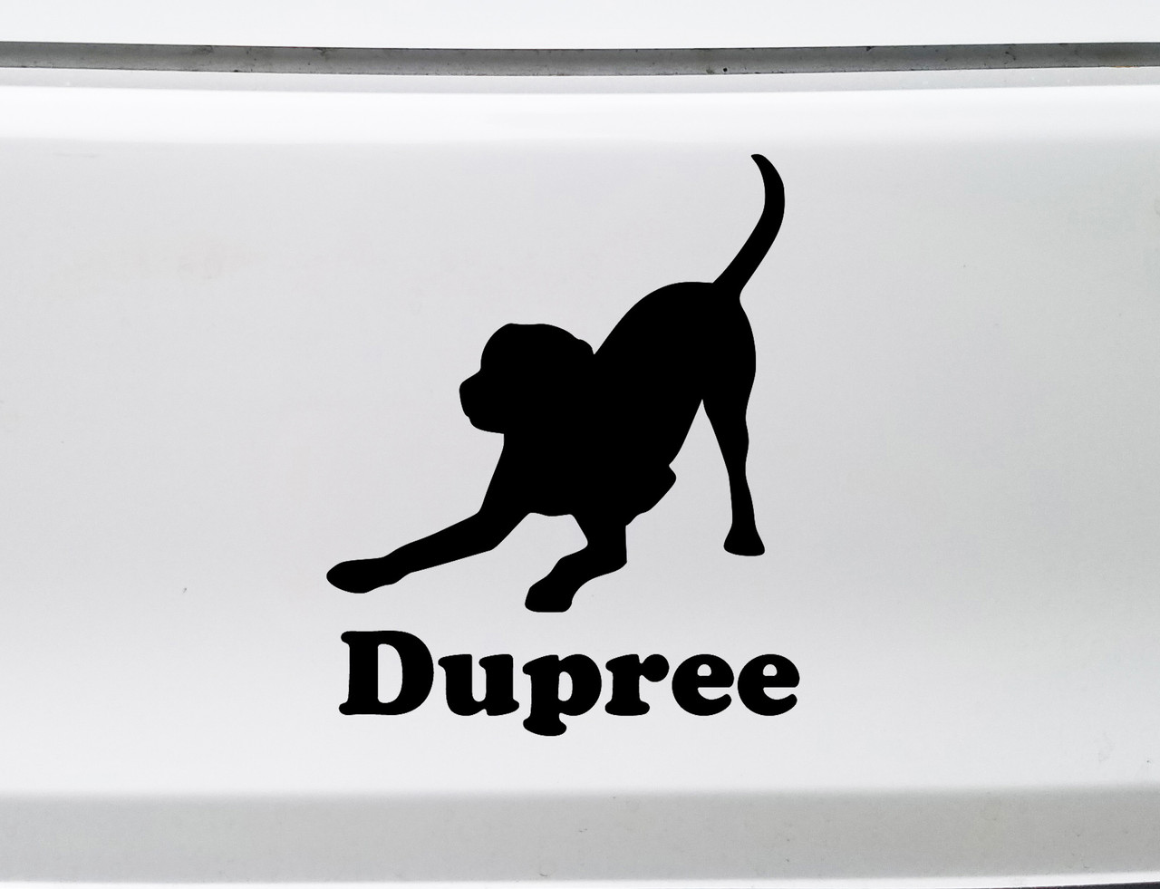 Personalized playful Labrador Retriever vinyl decal with custom dog name and mirror option