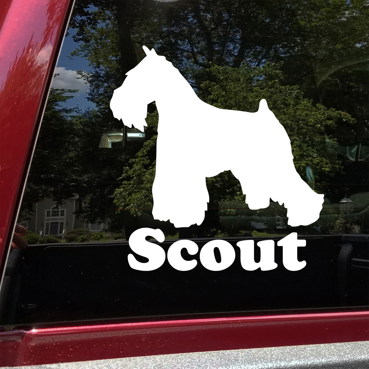 Personalized Schnauzer vinyl decal with custom dog name and mirror option