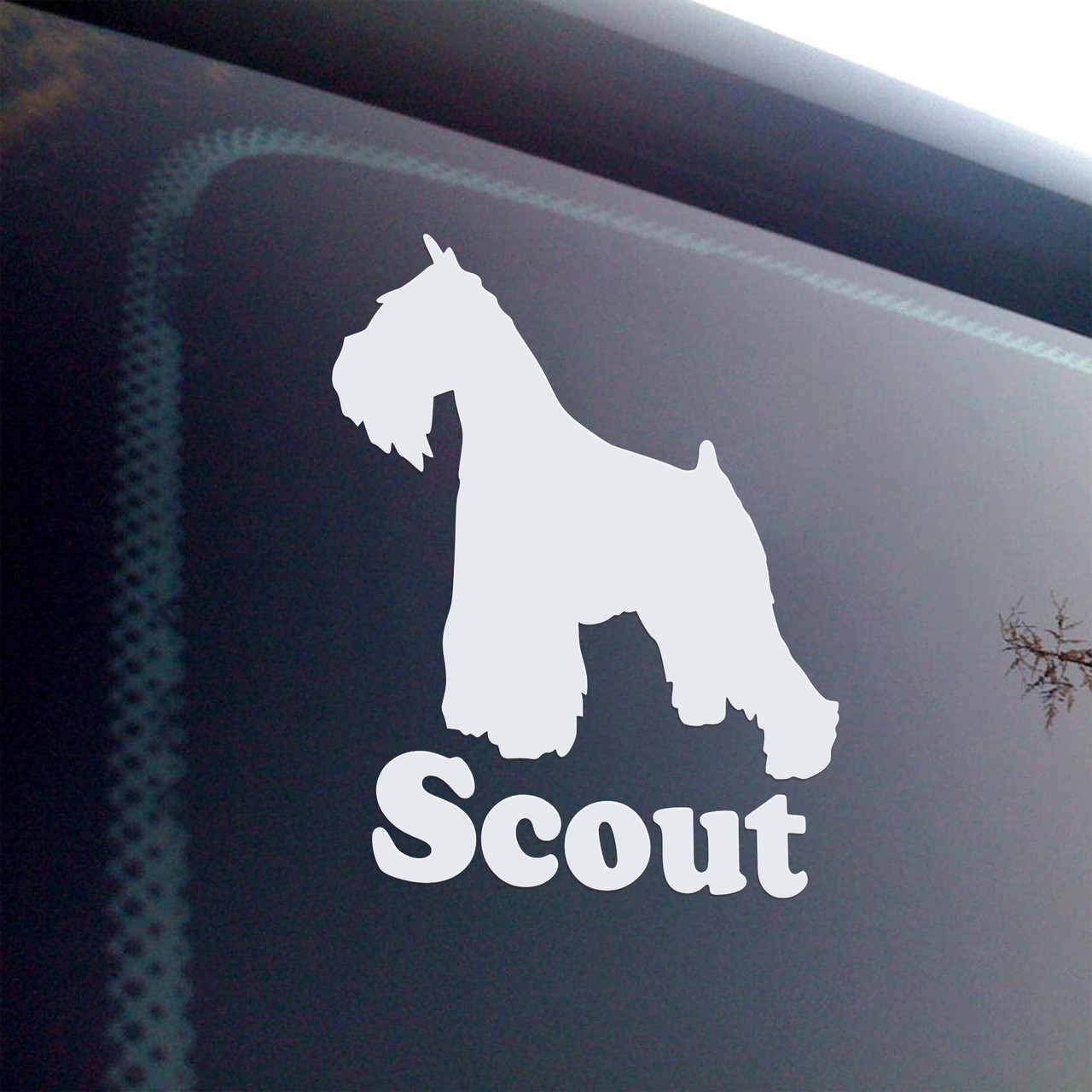 Personalized Schnauzer vinyl decal with custom dog name and mirror option