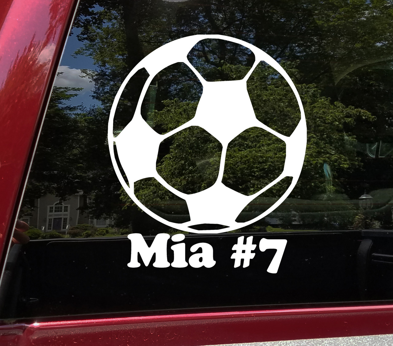 Personalized soccer ball vinyl decal with custom player name displayed below