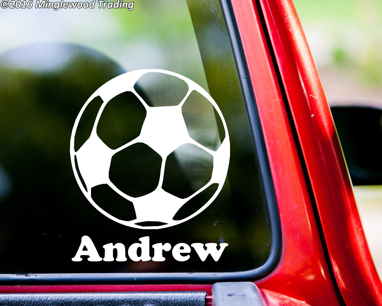 Personalized soccer ball vinyl decal with custom player name displayed below