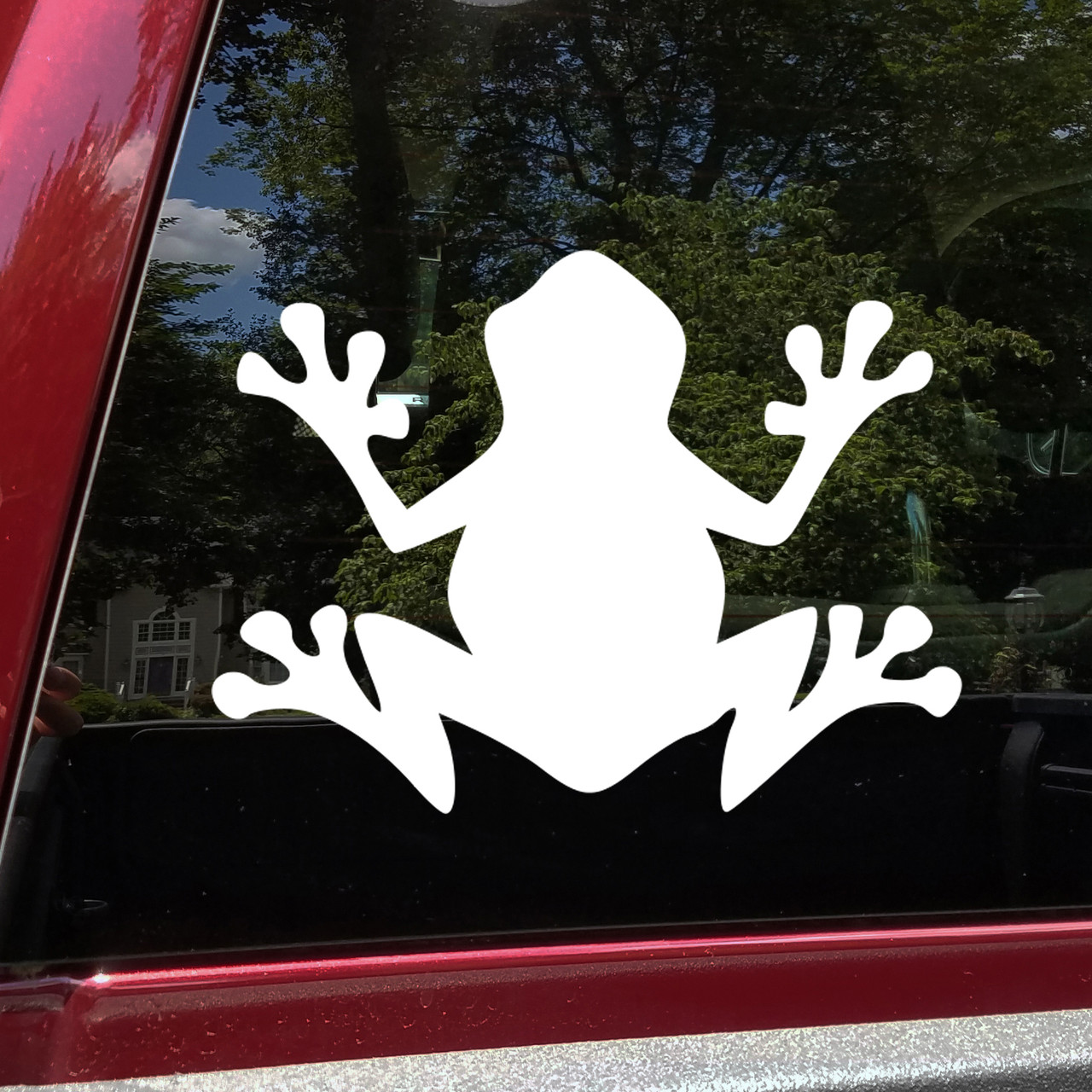 Frog vinyl decal featuring front-facing amphibian silhouette with outstretched legs and wide toes