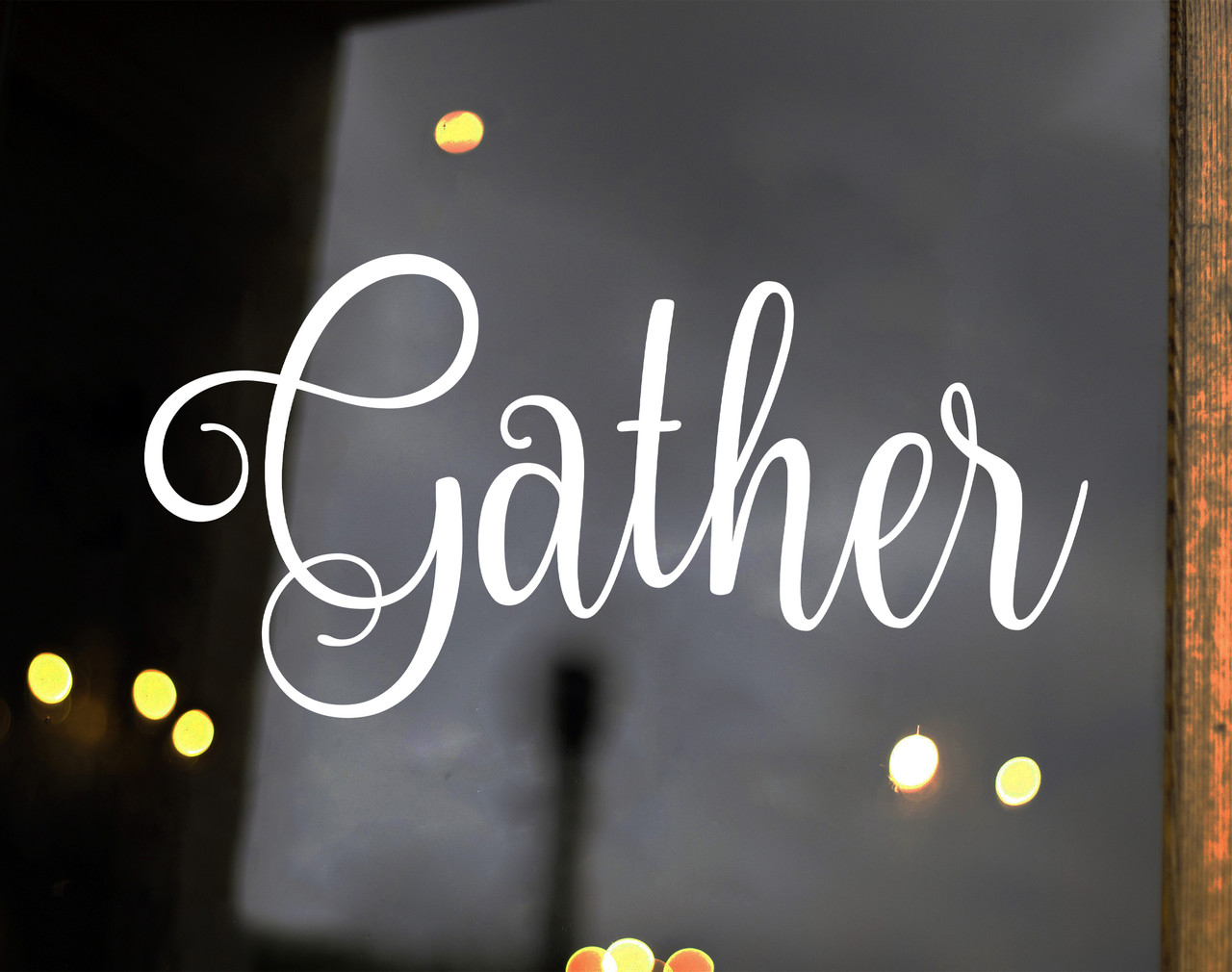 Gather vinyl decal in decorative Nouradilla script font for kitchen dining room family gathering wall decor