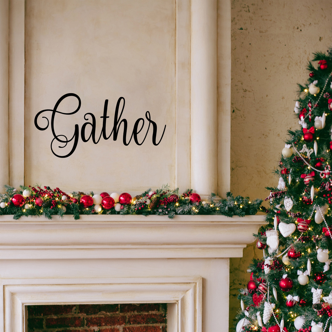 Gather vinyl decal in decorative Nouradilla script font for kitchen dining room family gathering wall decor