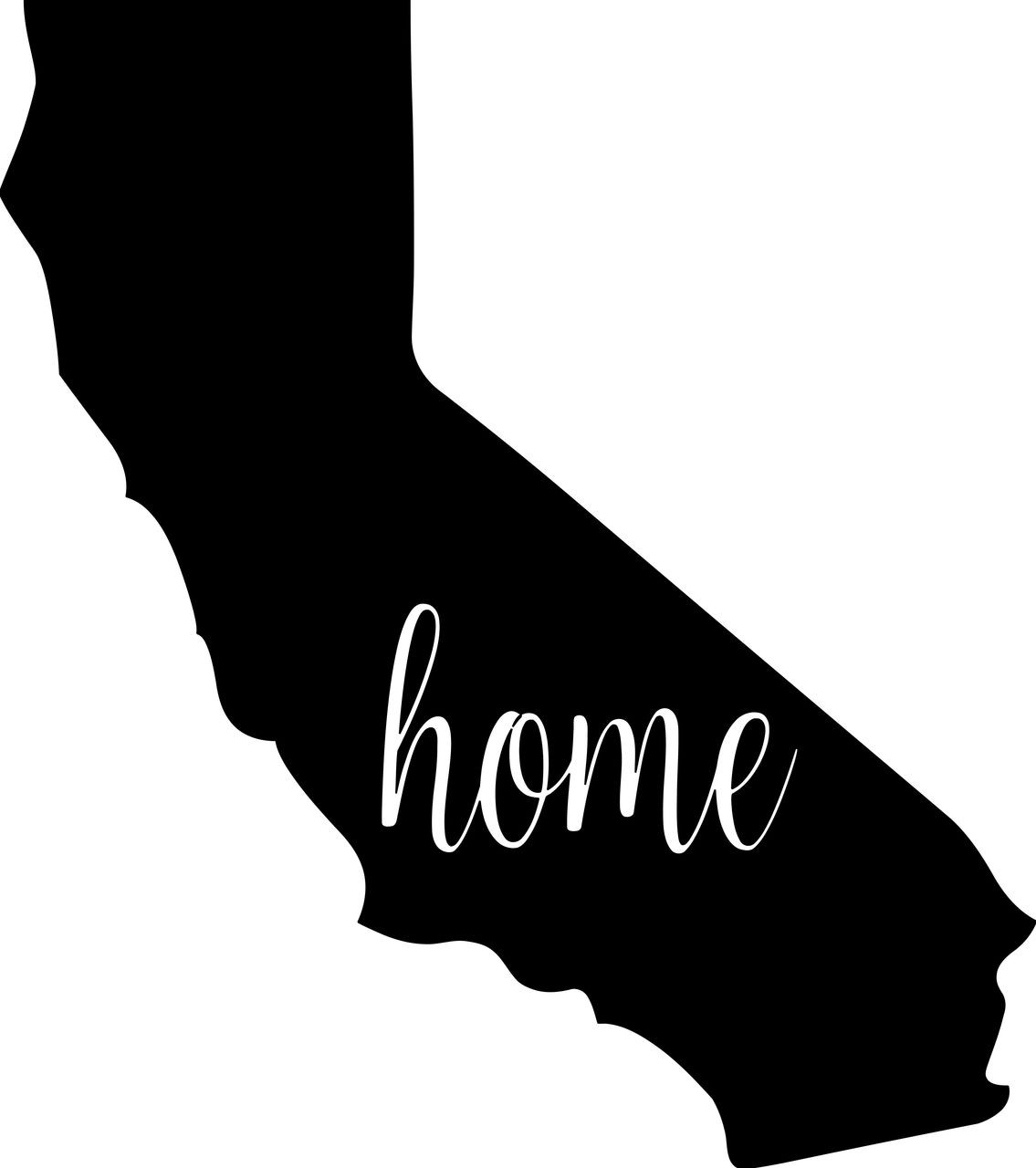 California state-shaped vinyl decal with 'Home' on a white background - ideal California home decal and California car sticker