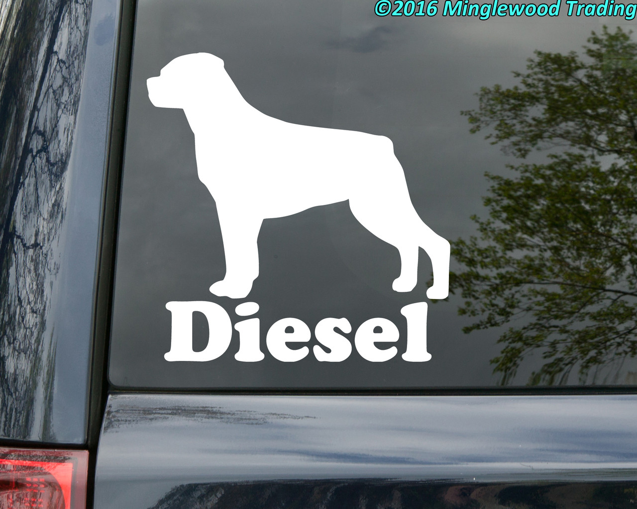 Rottweiler personalized name vinyl decal with standing Rottie dog silhouette and mirror option