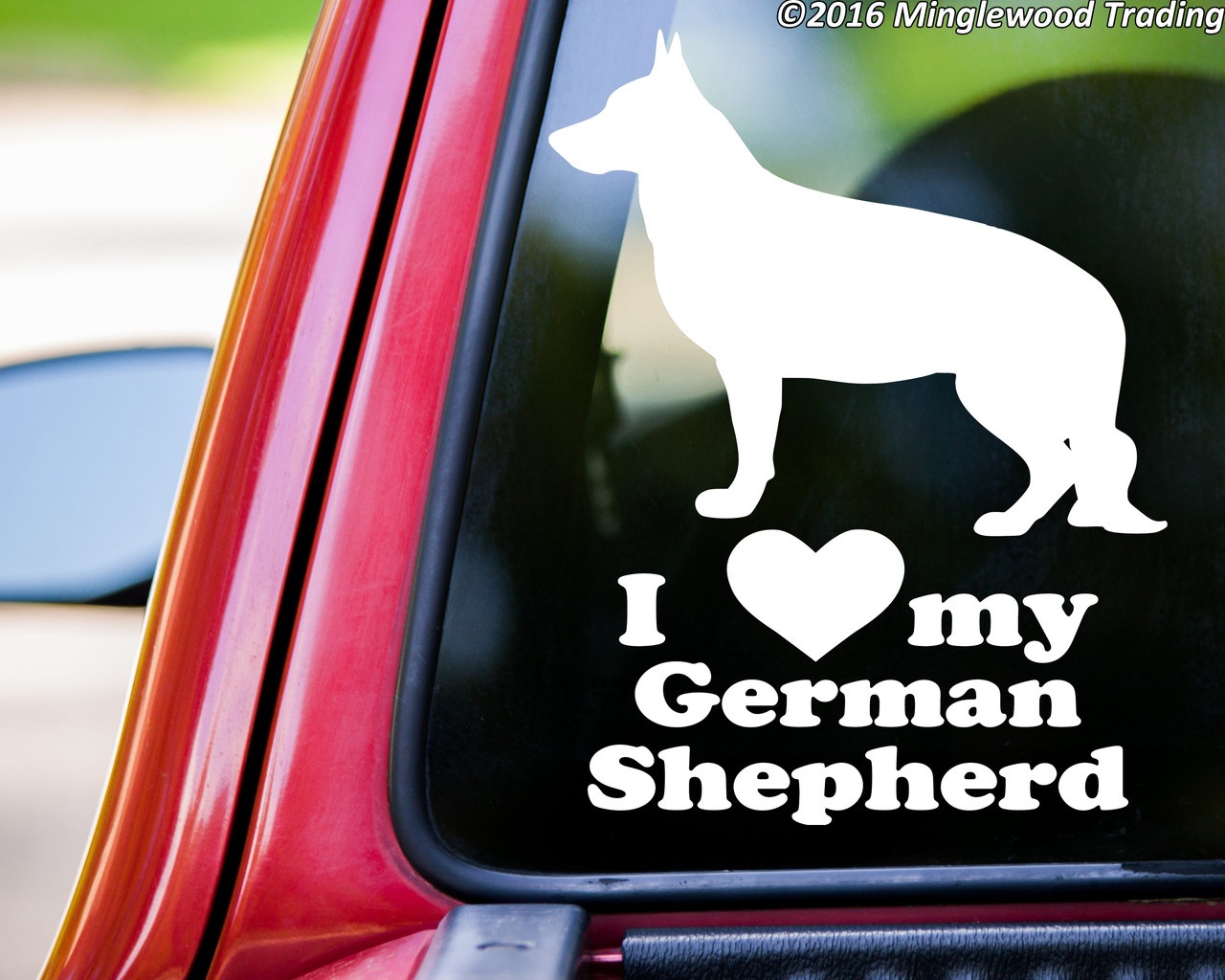 I Love My German Shepherd vinyl decal with GSD Alsatian dog silhouette and lettering