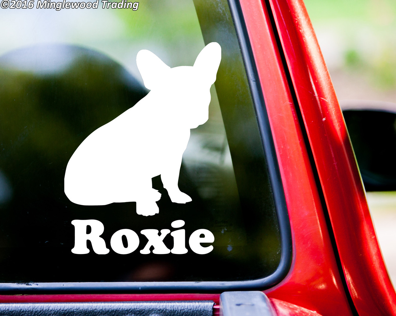 Personalized sitting French Bulldog Frenchie vinyl decal with custom dog name and mirror option