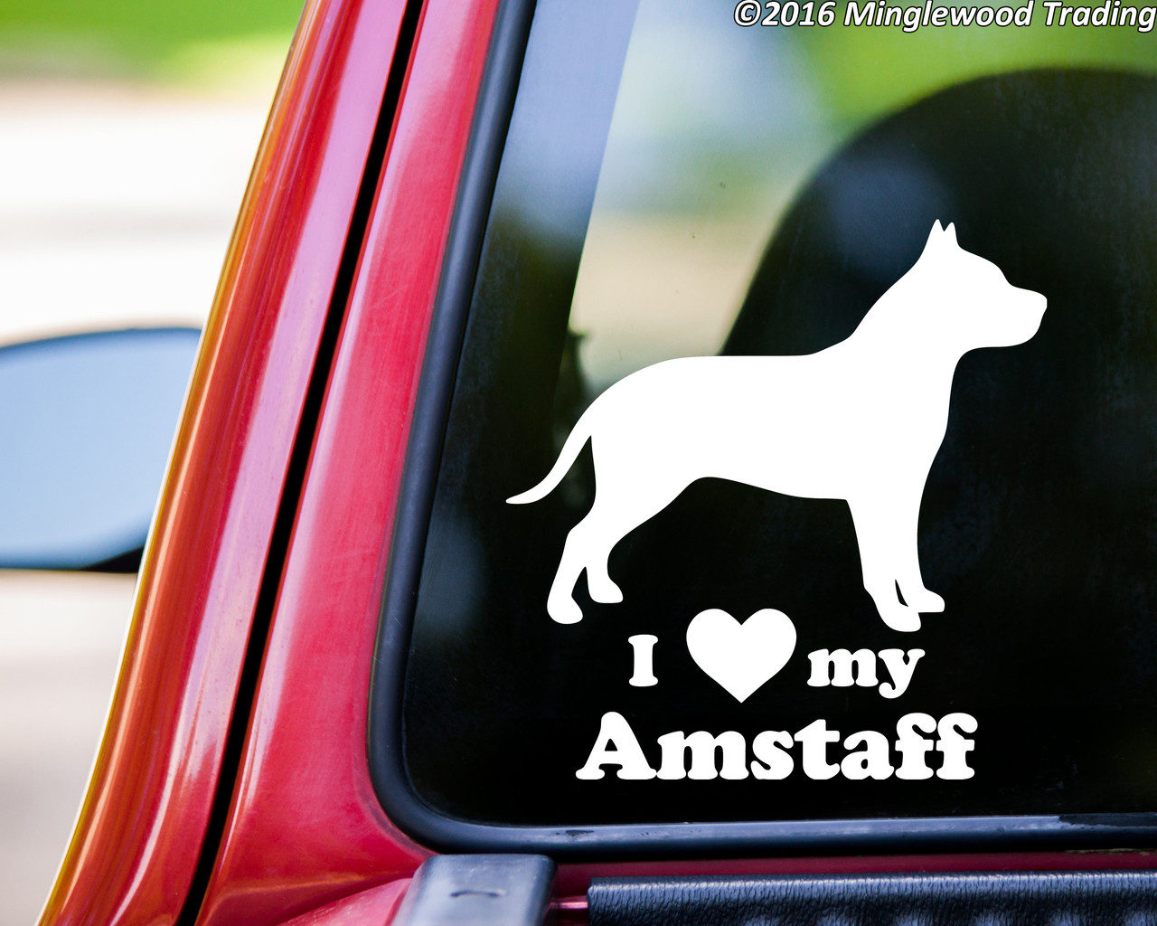 I Love My AmStaff vinyl decal with American Staffordshire Terrier silhouette and lettering