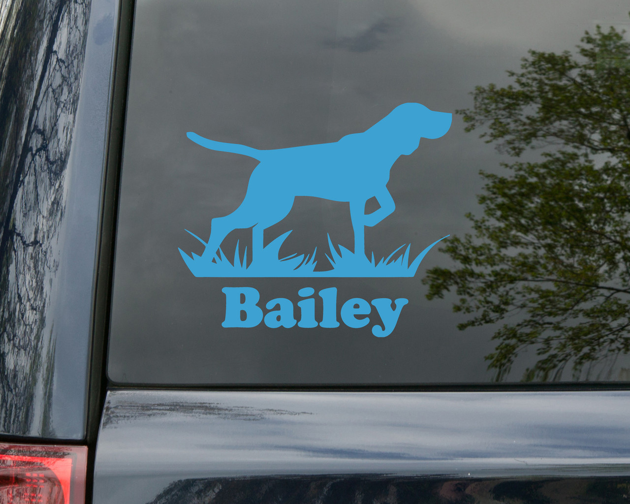 Personalized Bird Dog hunting vinyl decal with grass silhouette and custom dog name
