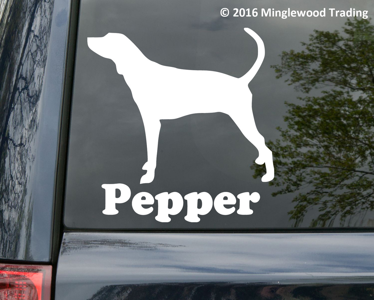 Personalized Coonhound vinyl decal with custom dog name and hunting hound silhouette