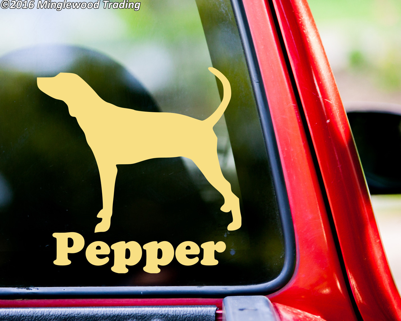 Personalized Coonhound vinyl decal with custom dog name and hunting hound silhouette