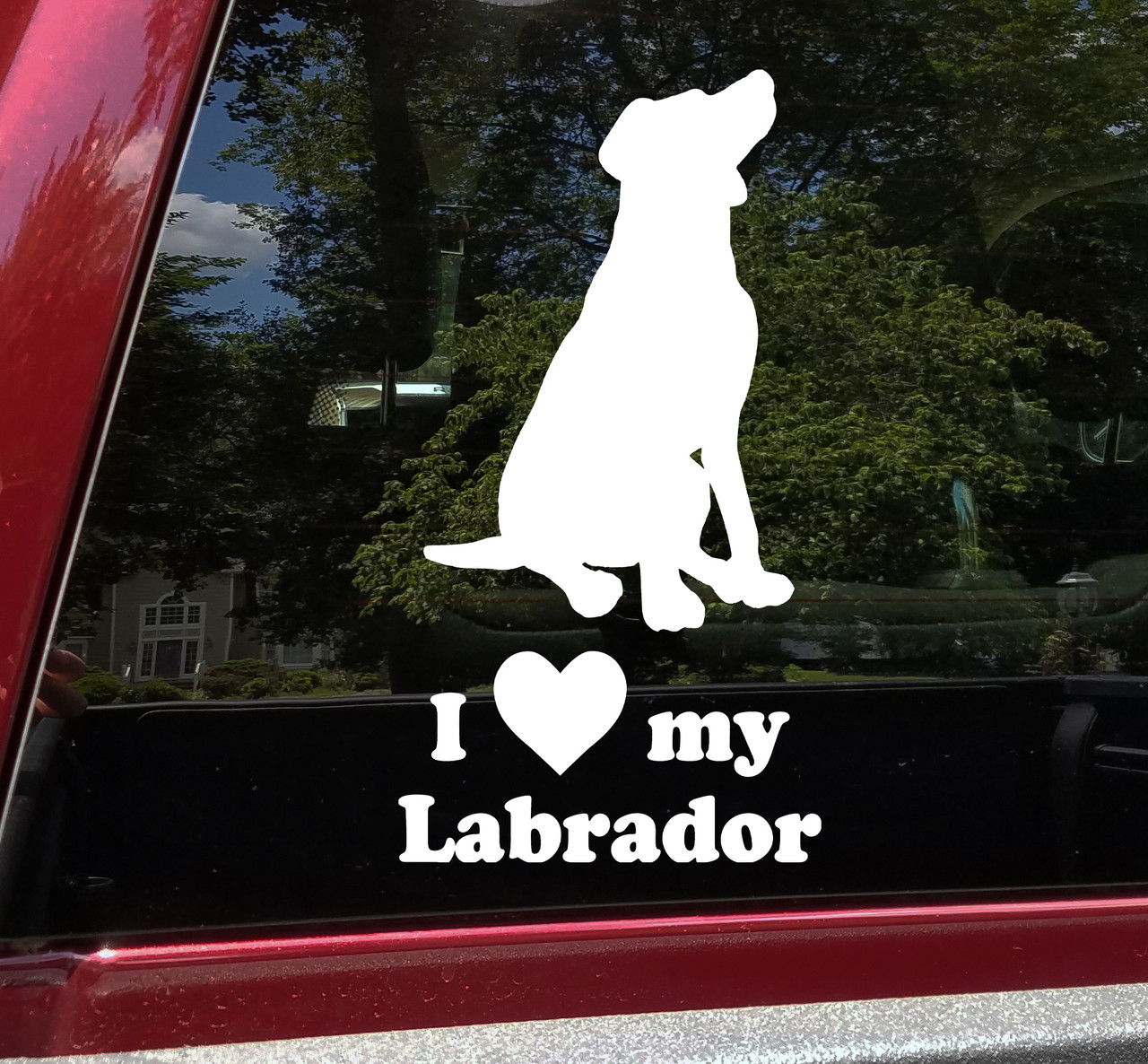 I Love My Labrador vinyl decal with Lab silhouette and lettering