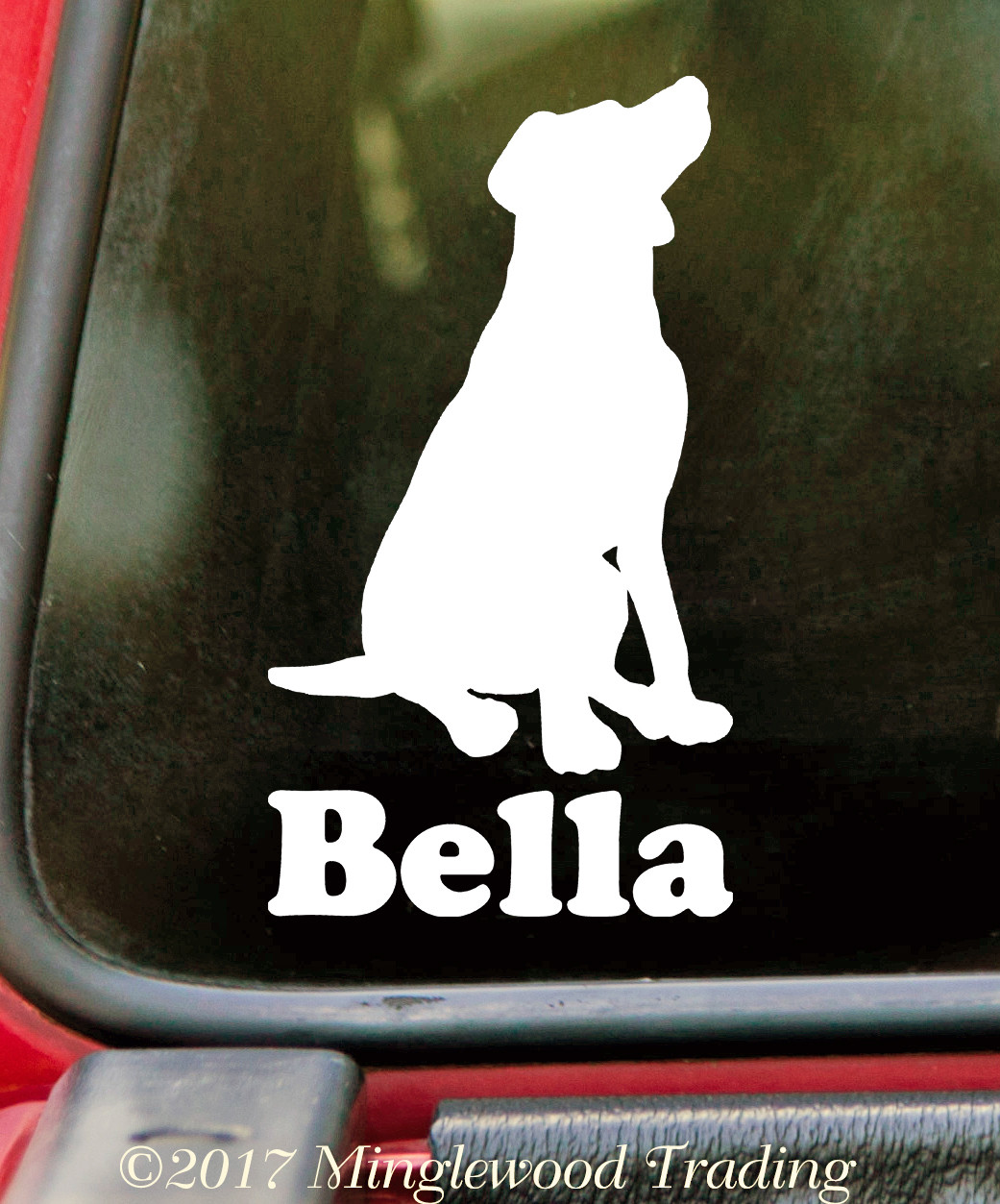 Personalized sitting Labrador Retriever vinyl decal with custom dog name and mirror option