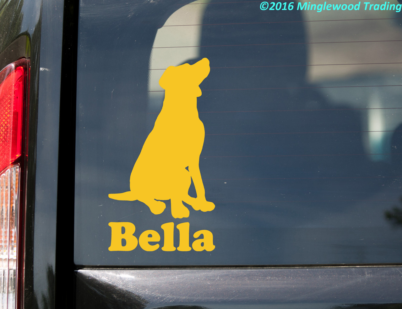 Personalized sitting Labrador Retriever vinyl decal with custom dog name and mirror option