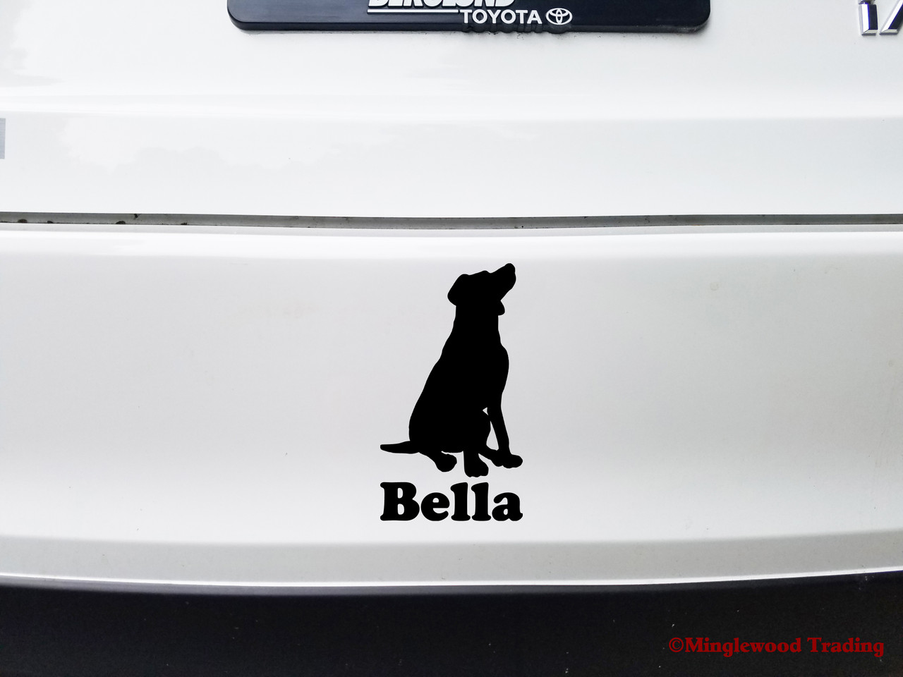 Personalized sitting Labrador Retriever vinyl decal with custom dog name and mirror option
