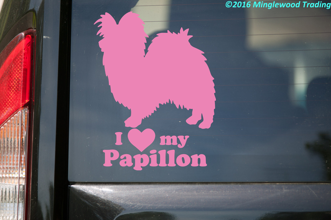 I Love My Papillon vinyl decal with Butterfly Dog silhouette and lettering