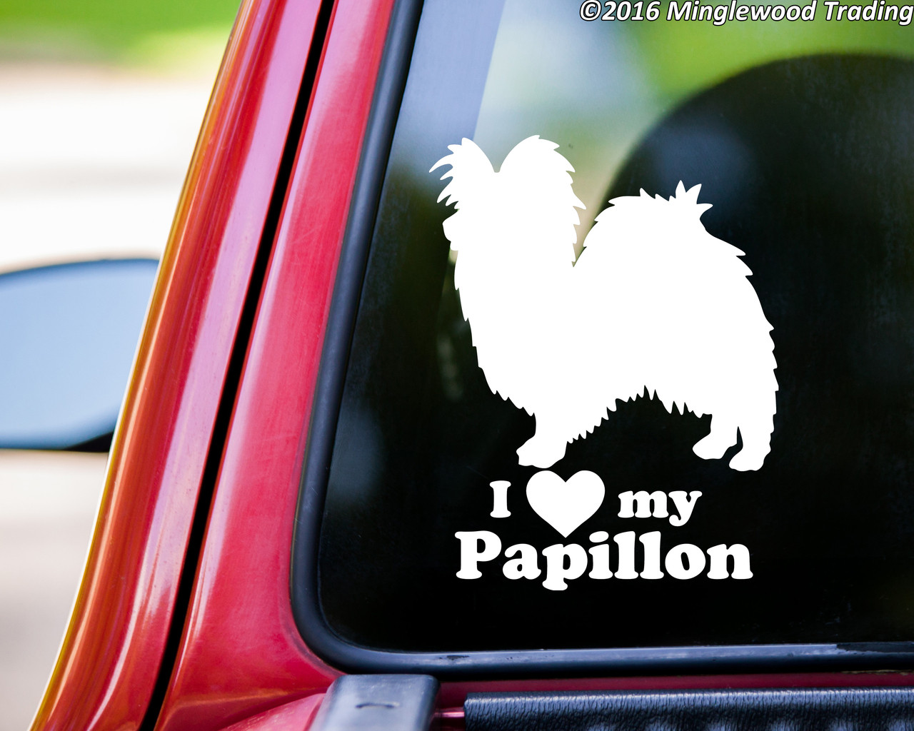 I Love My Papillon vinyl decal with Butterfly Dog silhouette and lettering