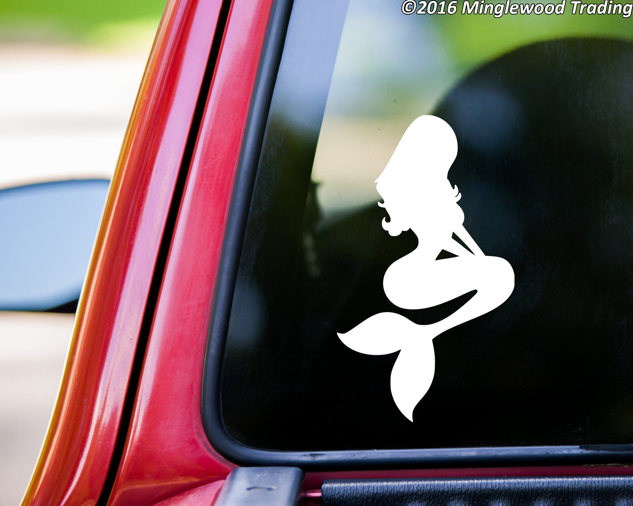 Mermaid silhouette vinyl decal with flowing hair and curved tail shown in white on a vehicle window, available in nine sizes from a 4-pack of 1 x 1.75 inches to 20 x 34.5 inches with standard or mirrored orientation