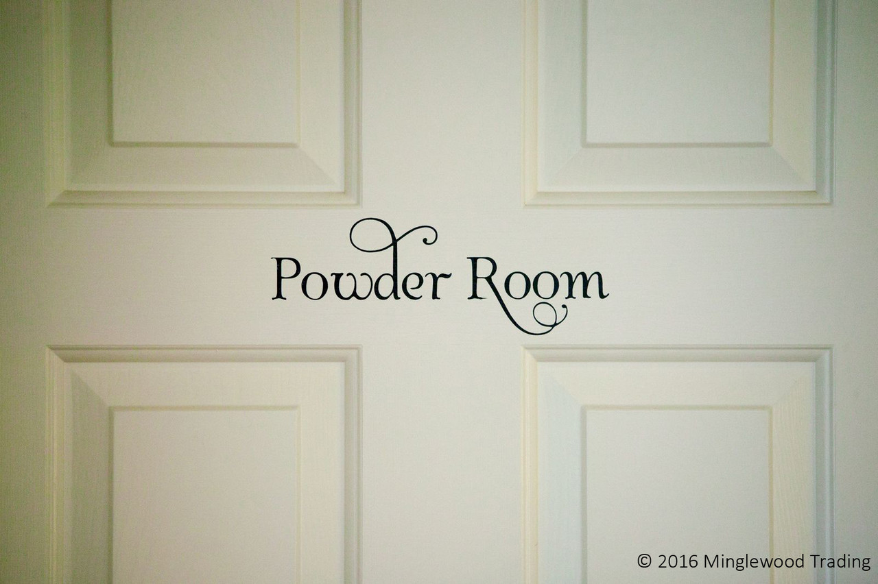 Powder Room vinyl decal featuring elegant decorative lettering with flowing flourishes for bathroom doors and walls