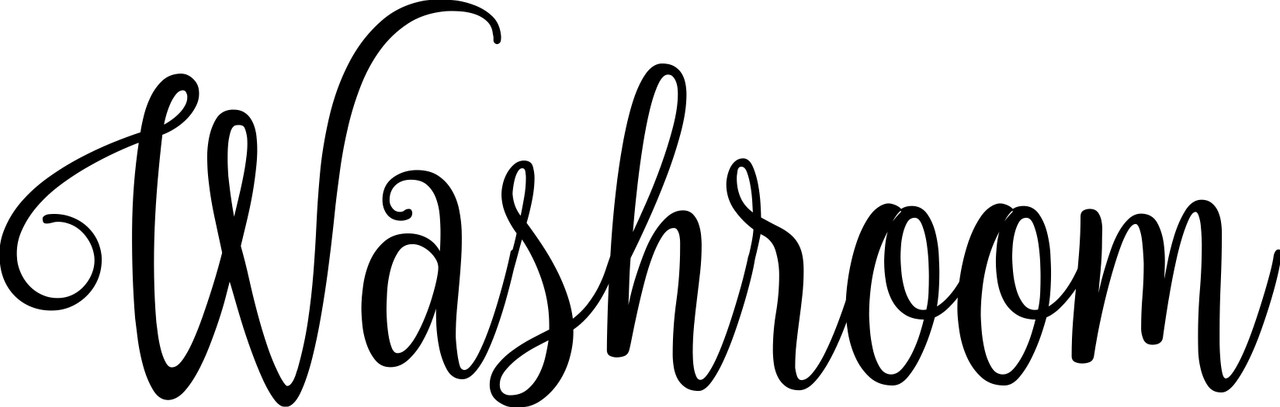 Washroom vinyl decal featuring elegant flowing cursive script lettering for bathroom doors, restroom entrances, powder rooms and mirrors, available in nine sizes from a 2-pack of 5 x 1.5 inches to 30 x 9 inches