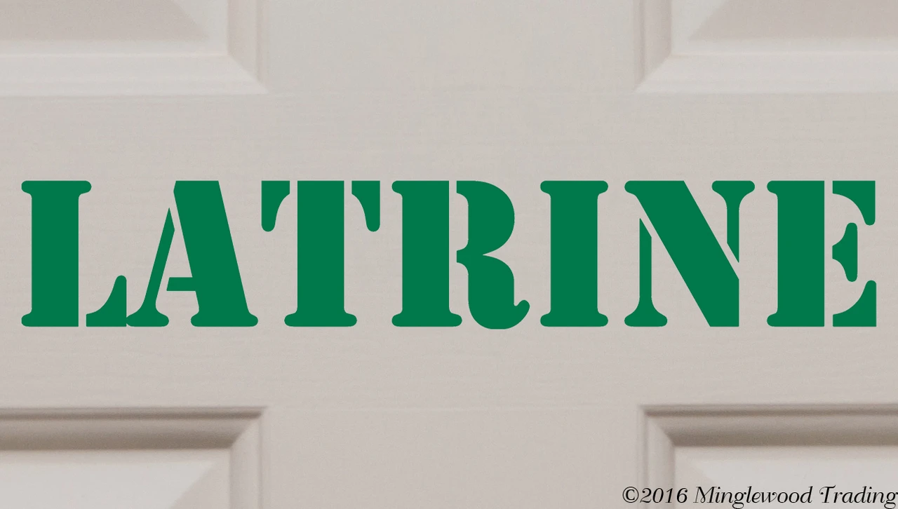 LATRINE military-style stencil lettering vinyl decal for army-themed restroom doors, barracks, bathrooms, outhouses and workshops, available in eleven sizes from a 2-pack of 5.75 x 1 inches to 57.5 x 10 inches