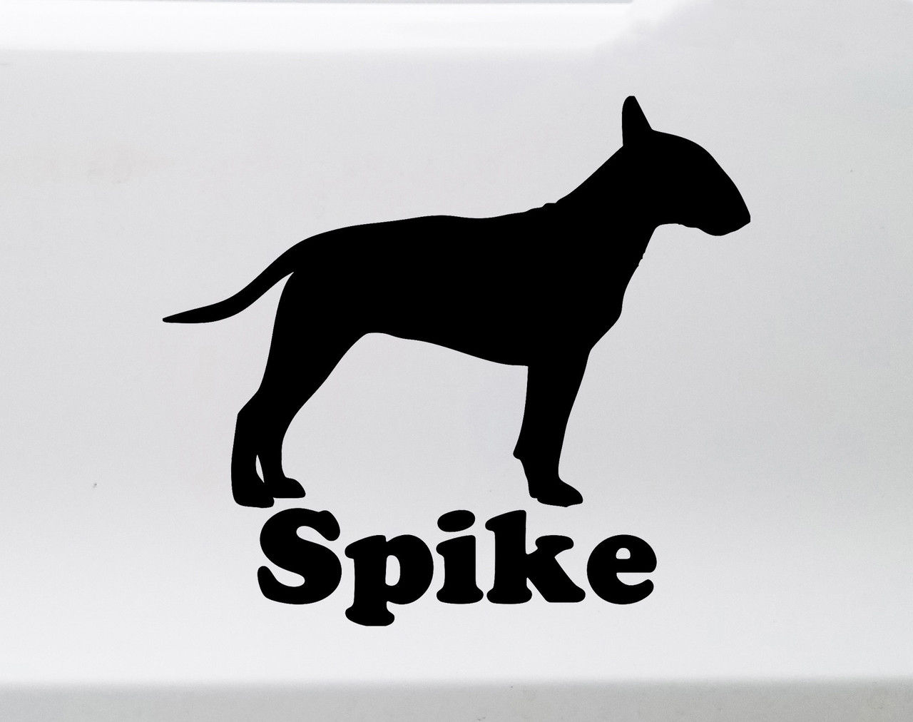 Personalized Bull Terrier vinyl decal with custom dog name and full-body breed silhouette