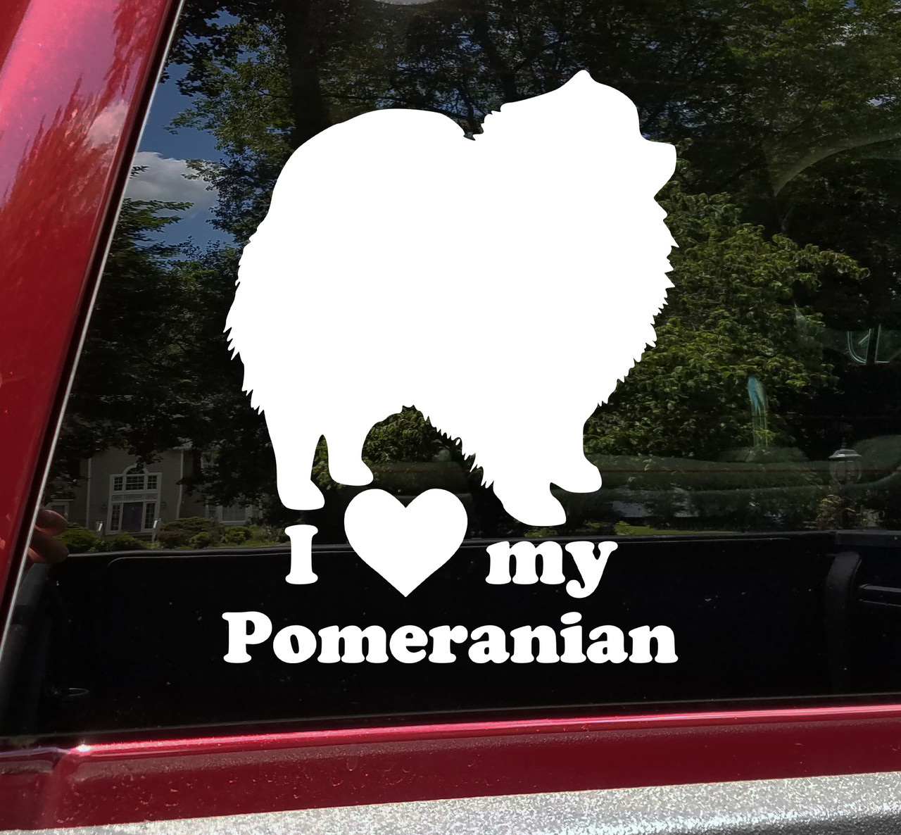 I Love My Pomeranian vinyl decal with Pom dog silhouette and heart