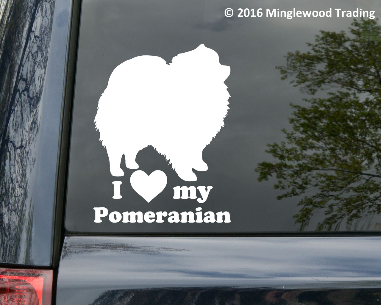 I Love My Pomeranian vinyl decal with Pom dog silhouette and heart