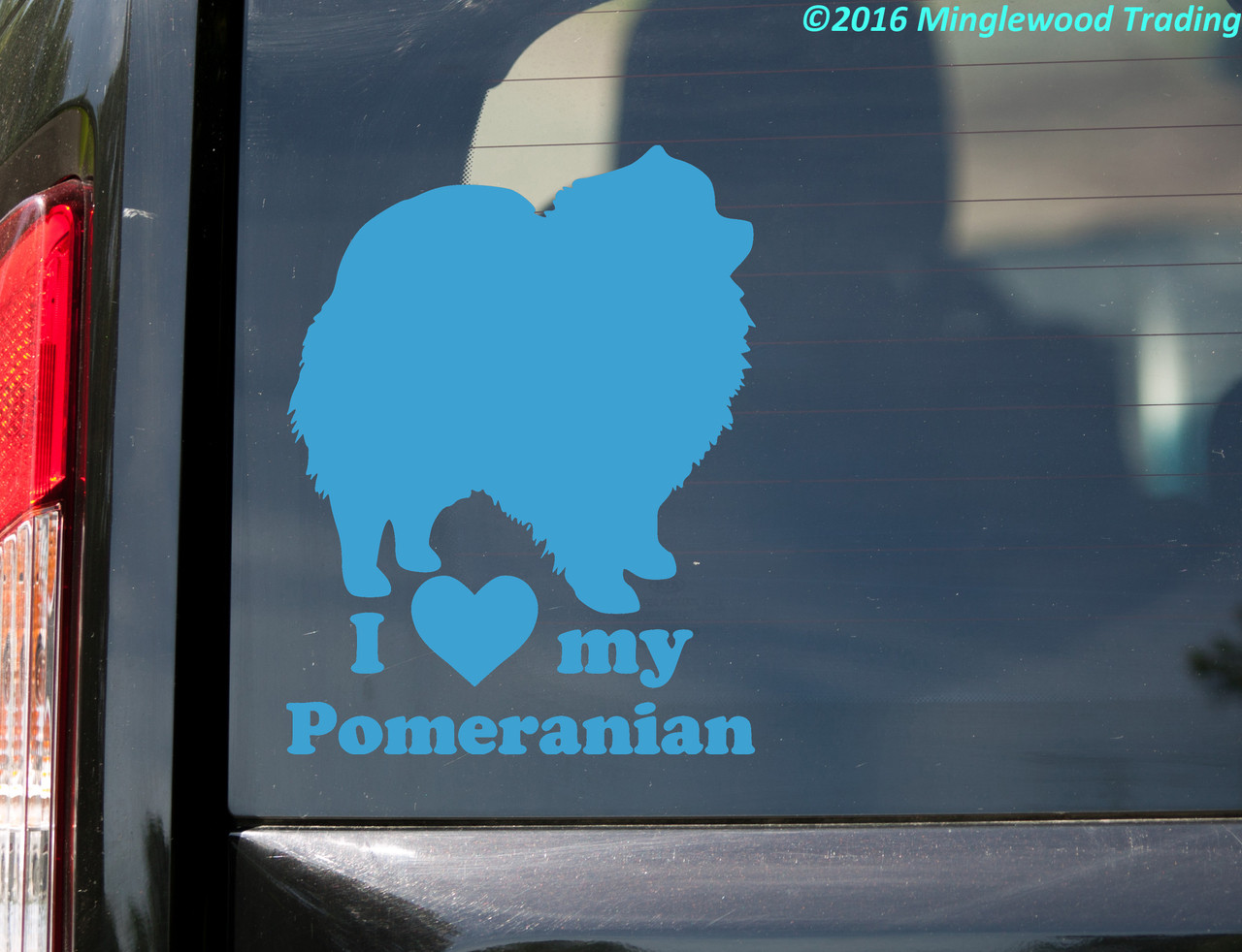 I Love My Pomeranian vinyl decal with Pom dog silhouette and heart