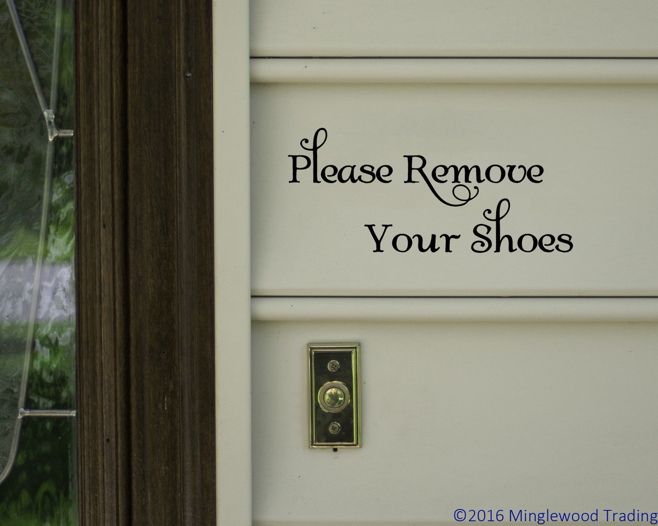 Please Remove Your Shoes vinyl decal featuring elegant decorative lettering with flourished accents for an entryway or door