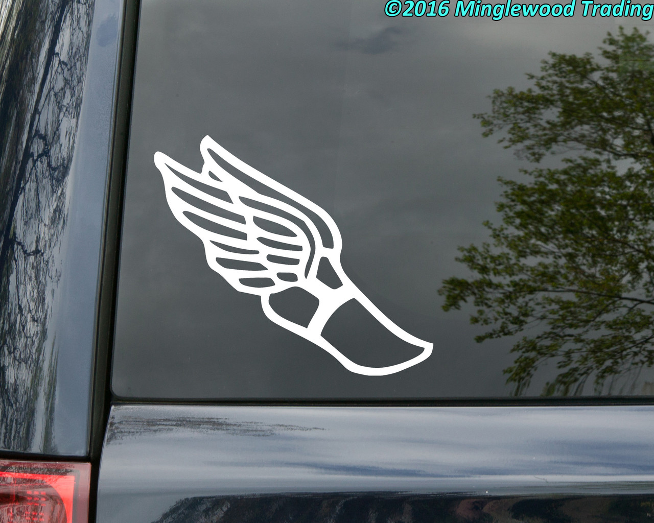 Winged foot vinyl decal running symbol for track and field cross country runners teams and athletes