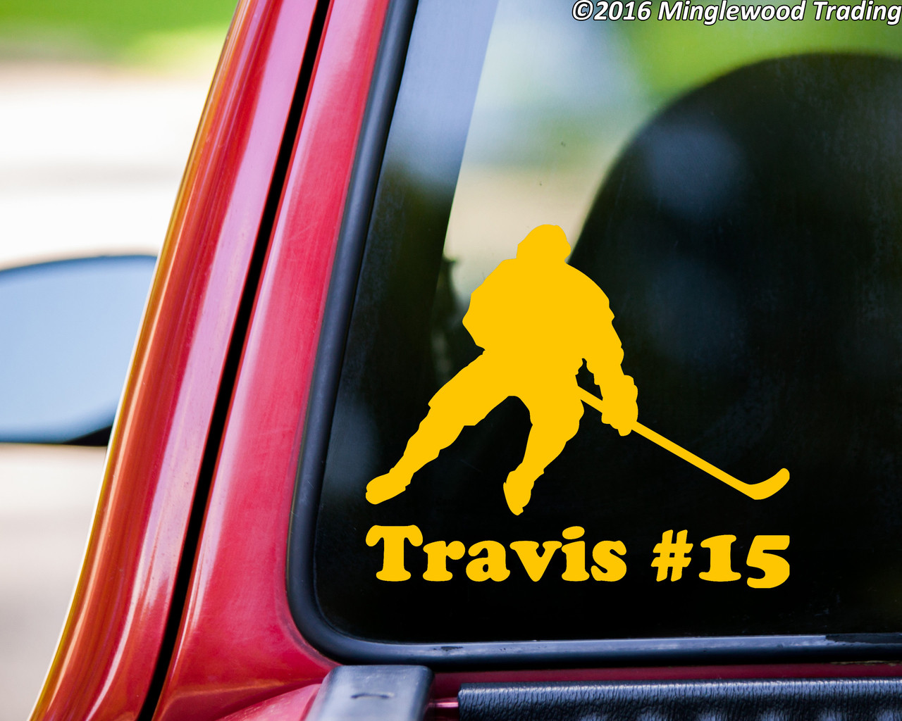 Personalized ice hockey player vinyl decal with custom name and player number