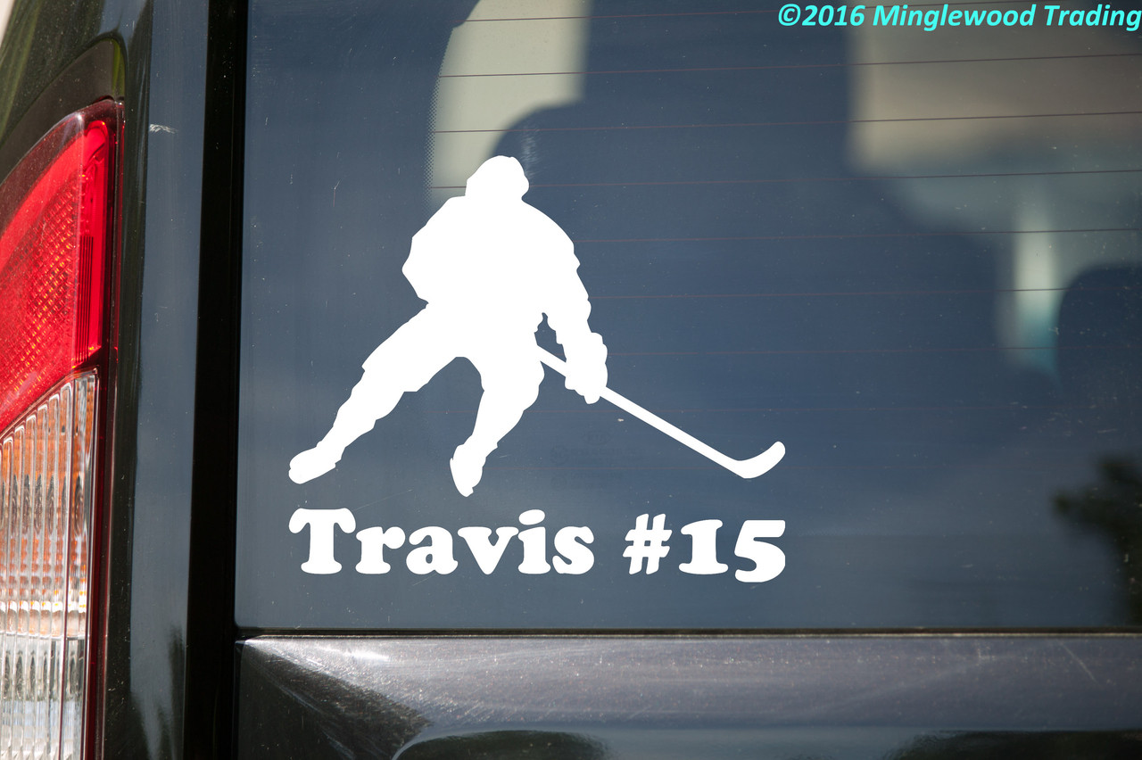 Ice Hockey Player V2 Vinyl Decal with Personalized Name - Stick Puck - Die Cut Sticker